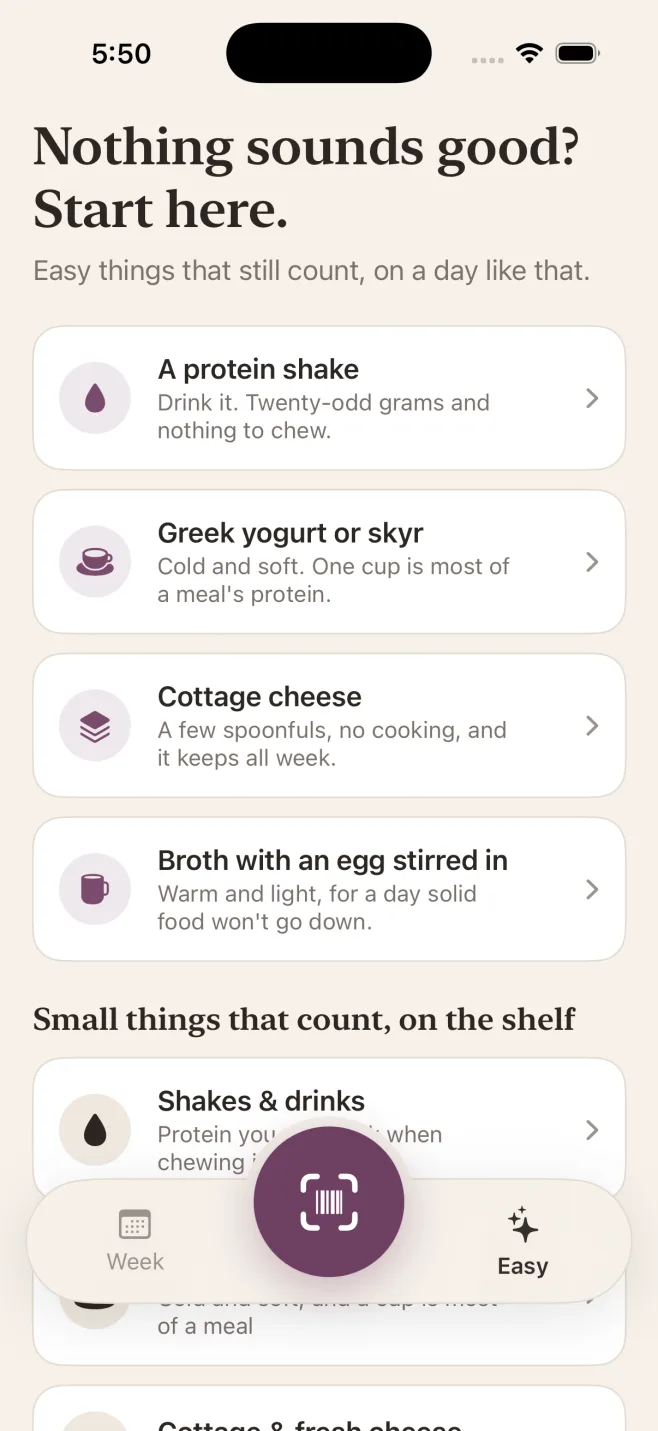 The Easy page, with a short list of things that still count when nothing sounds good