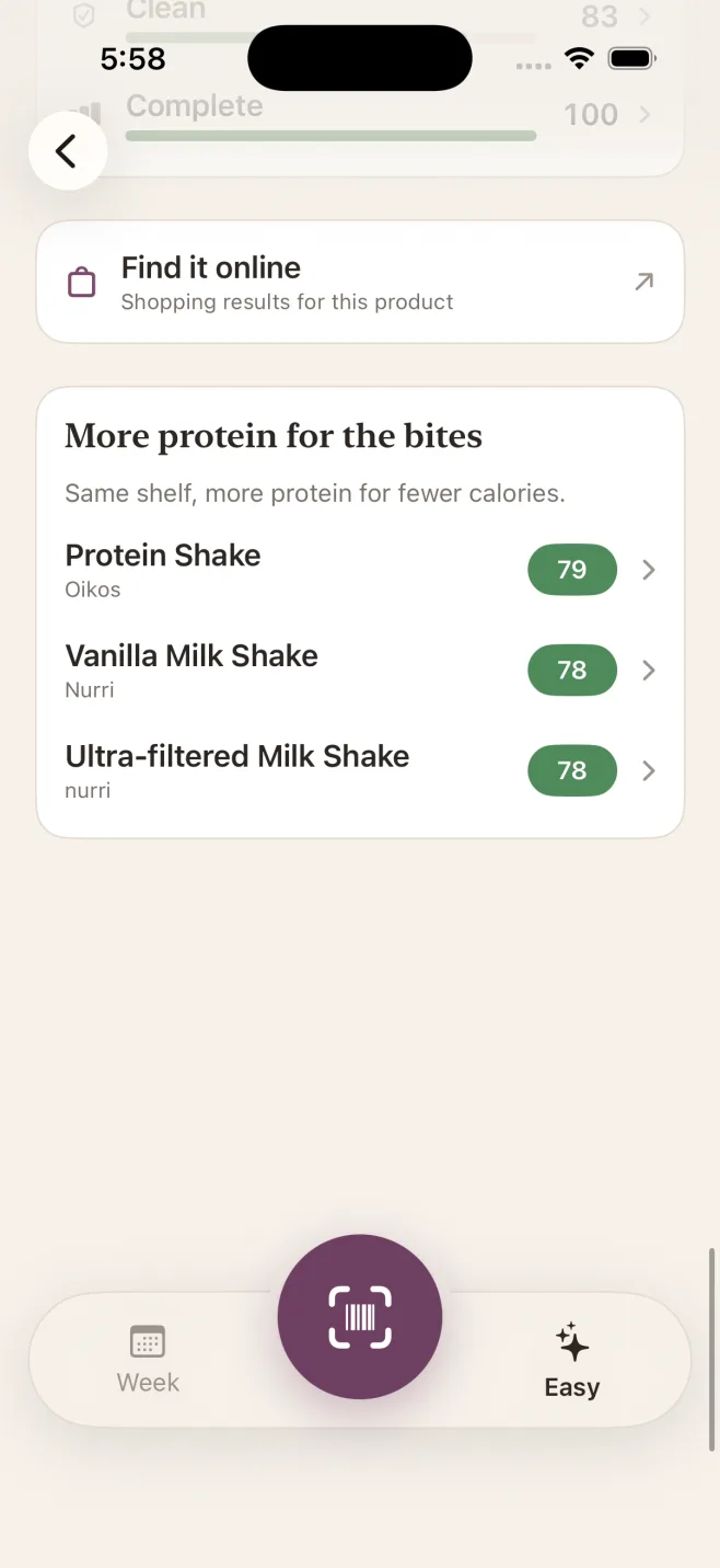 A scan result with swaps from the same shelf that carry more protein for fewer calories