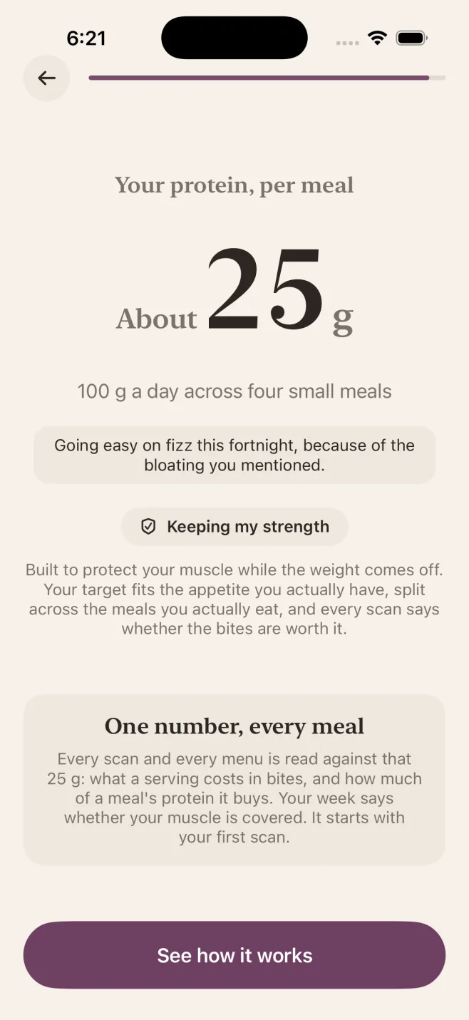 Koala setup screen showing a protein target of about 25 g a meal, 100 g a day across four small meals